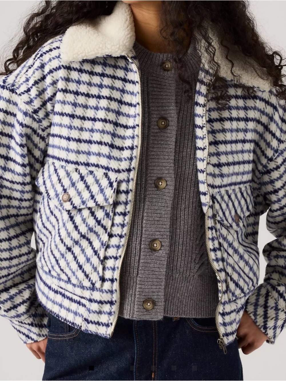 Levi's Cropped Check Teddy Jacket - Cream & Navy Blue